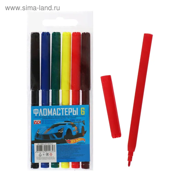 Фломастеры 6 цветов Hot Wheels, в блистере, европодвес