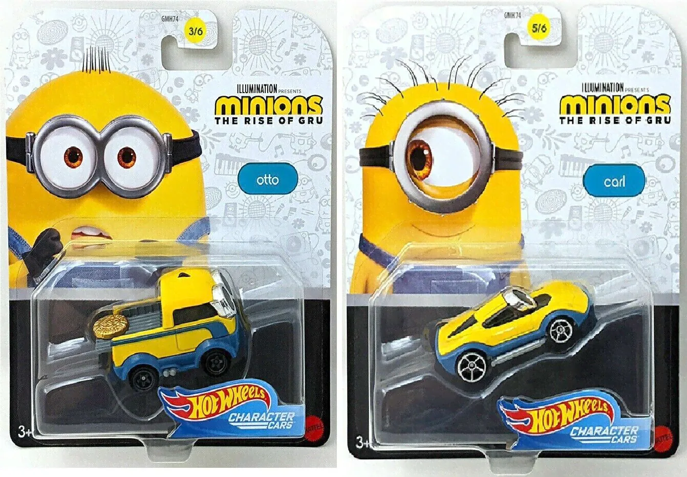 Hot Wheels Cartoons 1:64 Minions Carl Otto Character Diecast Car - Set of X2