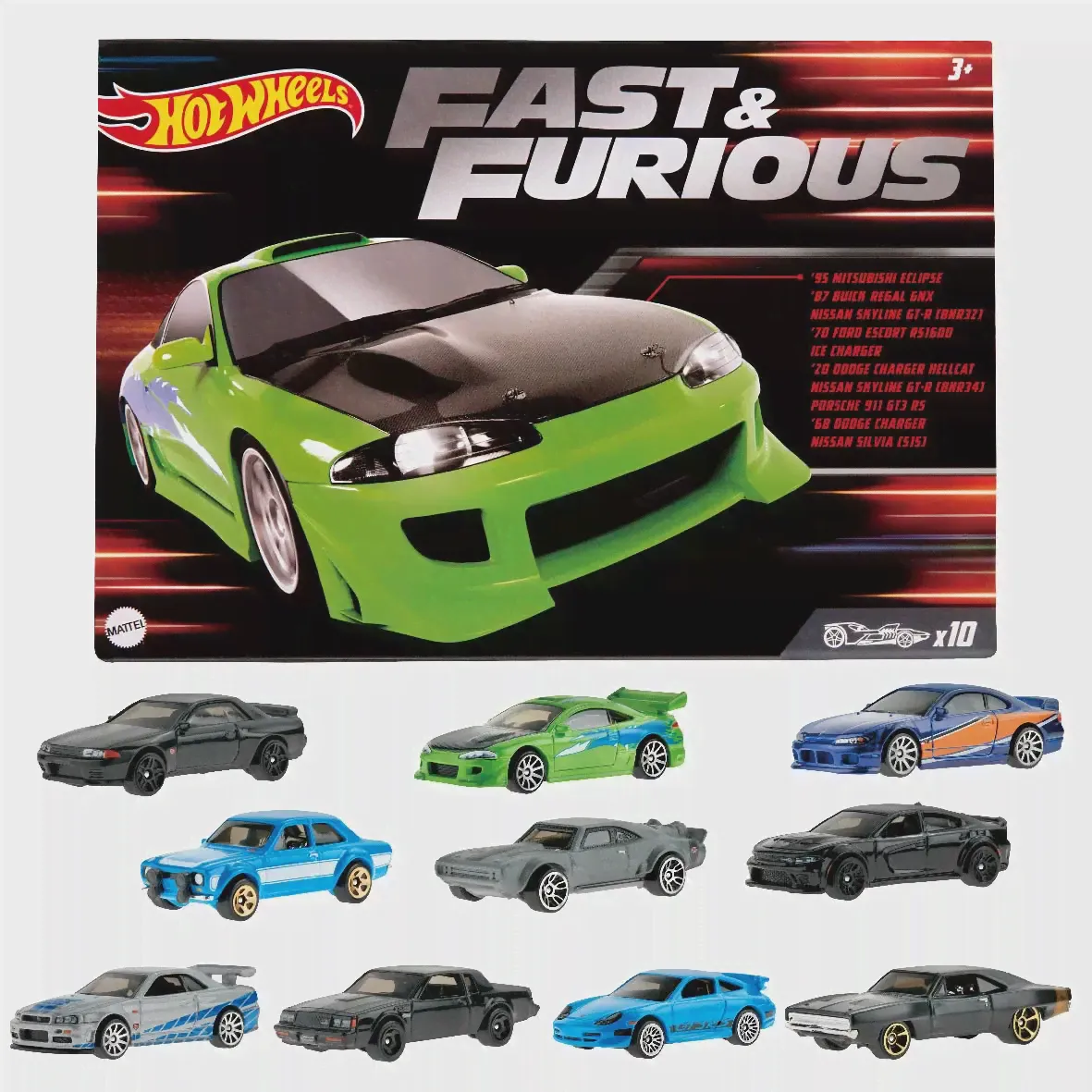 Автомобили Hot Wheels Форсаж Nissan Skyline GTR BNR32 /NISSAN SILVIA S15/MITSUBISHI ECLIPSE 1/64, литая под давлением модель HNT21