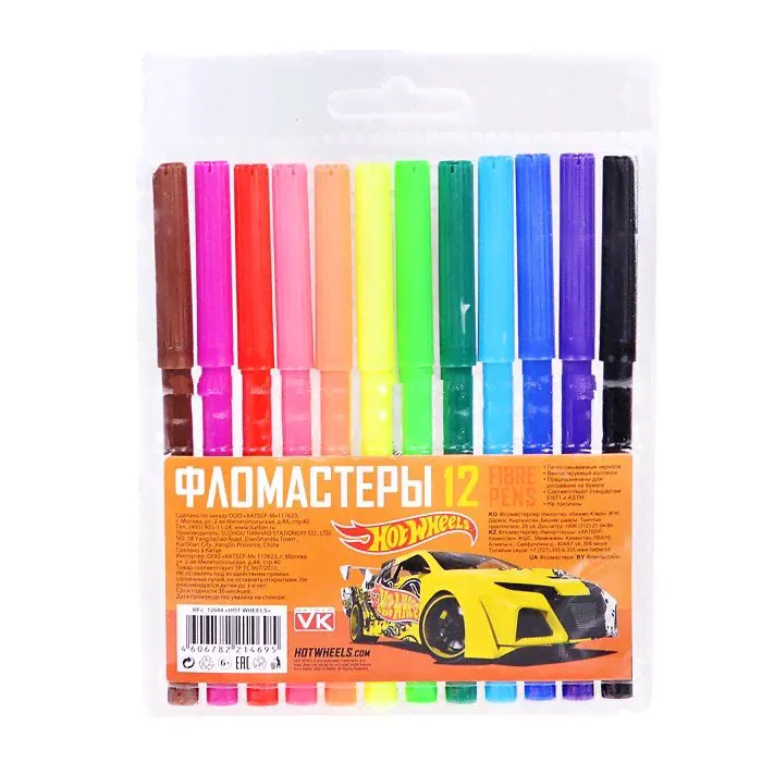 Фломастеры "VK" 12 цв. -HOT WHEELS- в блистере с европодвесом (Hot wheels)-0